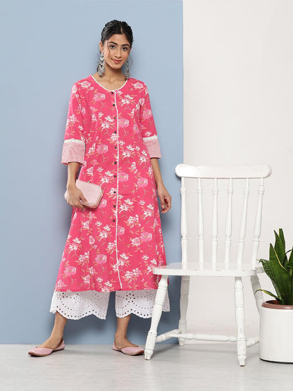 Pink Floral Cotton Flex A-Line Kurta | LASVINI - Redefining Indian Fashion with Elegance