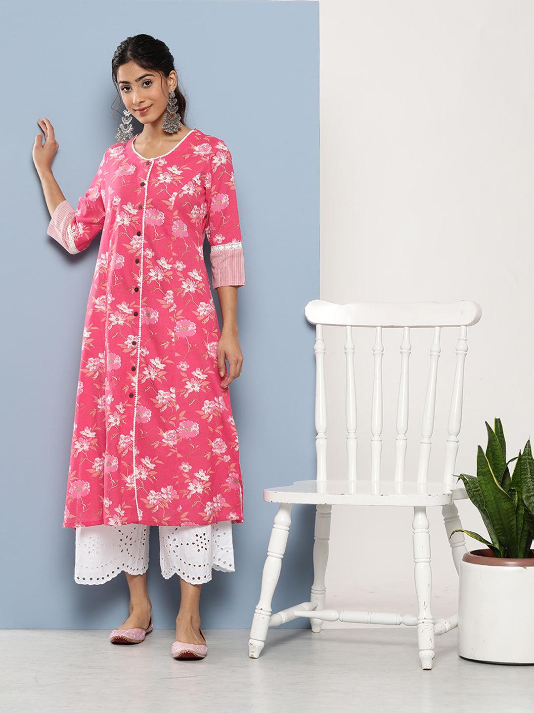 Pink Floral Cotton Flex A-Line Kurta | LASVINI - Redefining Indian Fashion with Elegance
