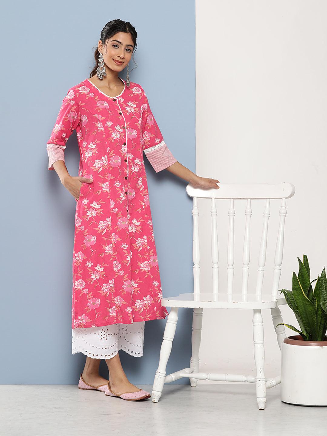 Pink Floral Cotton Flex A-Line Kurta | LASVINI - Redefining Indian Fashion with Elegance