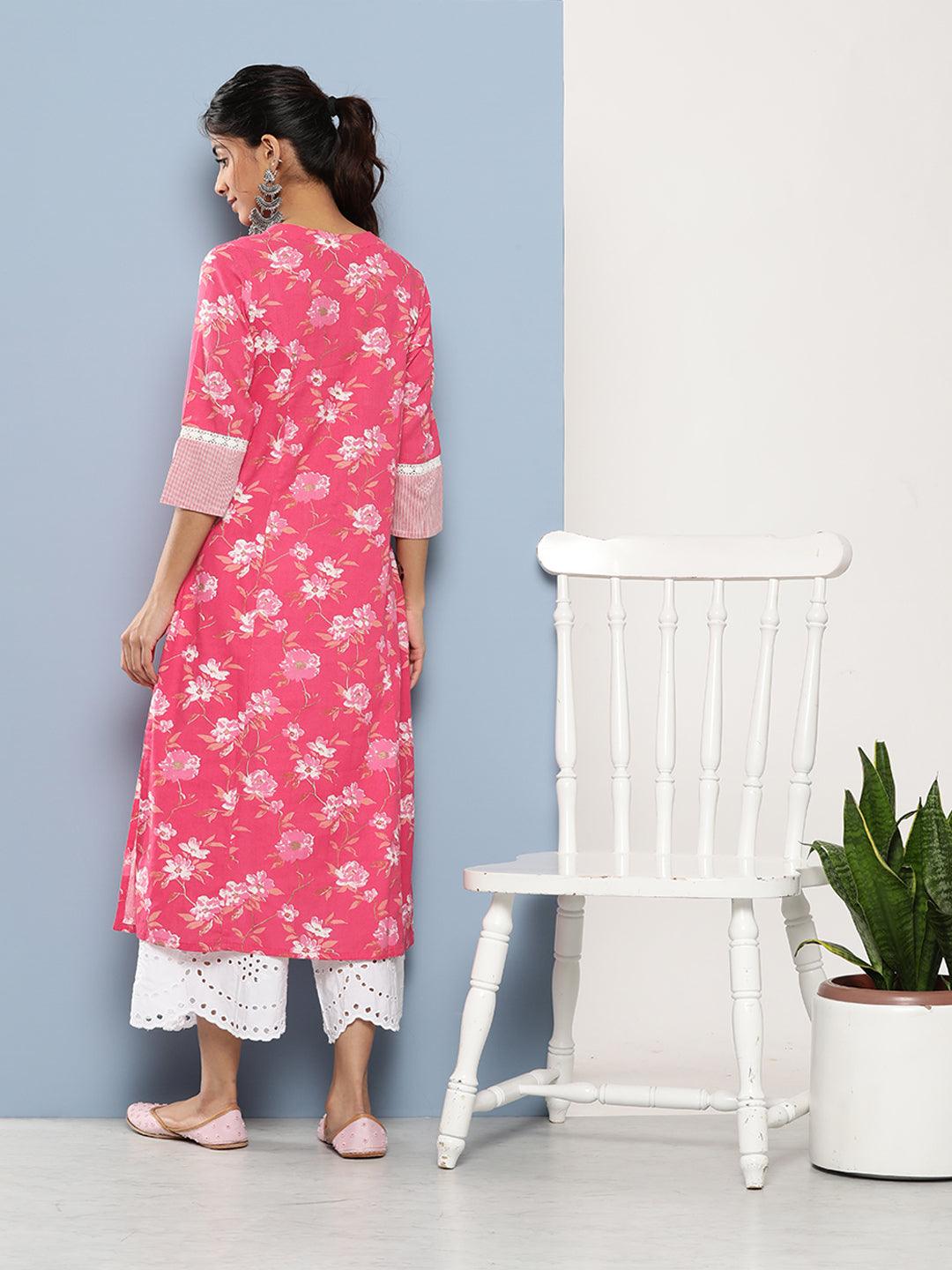 Pink Floral Cotton Flex A-Line Kurta | LASVINI - Redefining Indian Fashion with Elegance