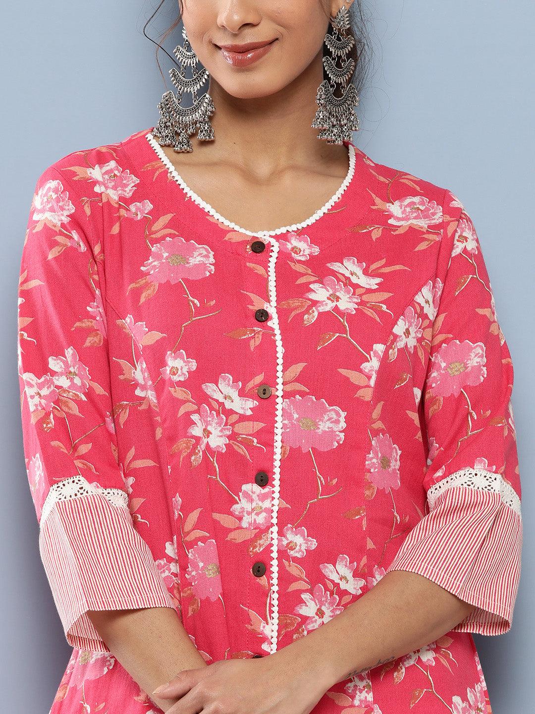 Pink Floral Cotton Flex A-Line Kurta | LASVINI - Redefining Indian Fashion with Elegance