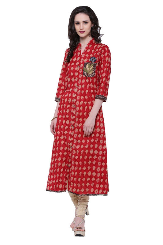 Women'S Red A-Line Cotton Long Kurta | LASVINI - Redefining Indian Fashion with Elegance