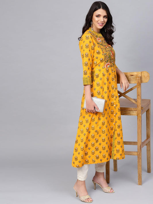 Yellow Printed Long Kurta | LASVINI - Redefining Indian Fashion with Elegance