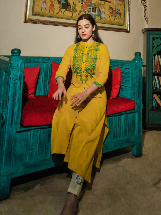 Women'S Yellow Regular A-Line Calf Long Kurta | LASVINI - Redefining Indian Fashion with Elegance