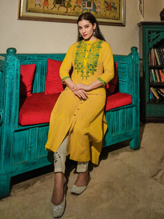 Women'S Yellow Regular A-Line Calf Long Kurta | LASVINI - Redefining Indian Fashion with Elegance