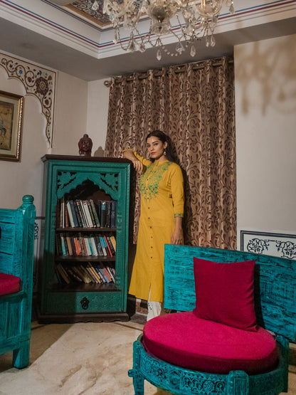 Women'S Yellow Regular A-Line Calf Long Kurta | LASVINI - Redefining Indian Fashion with Elegance