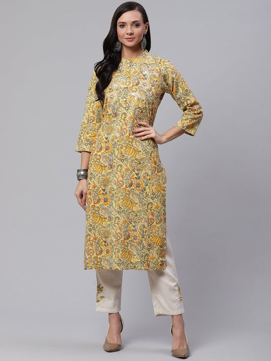 Women'S Yellow Cotton Kurti With Cotton Flex Pant Set | LASVINI - Redefining Indian Fashion with Elegance