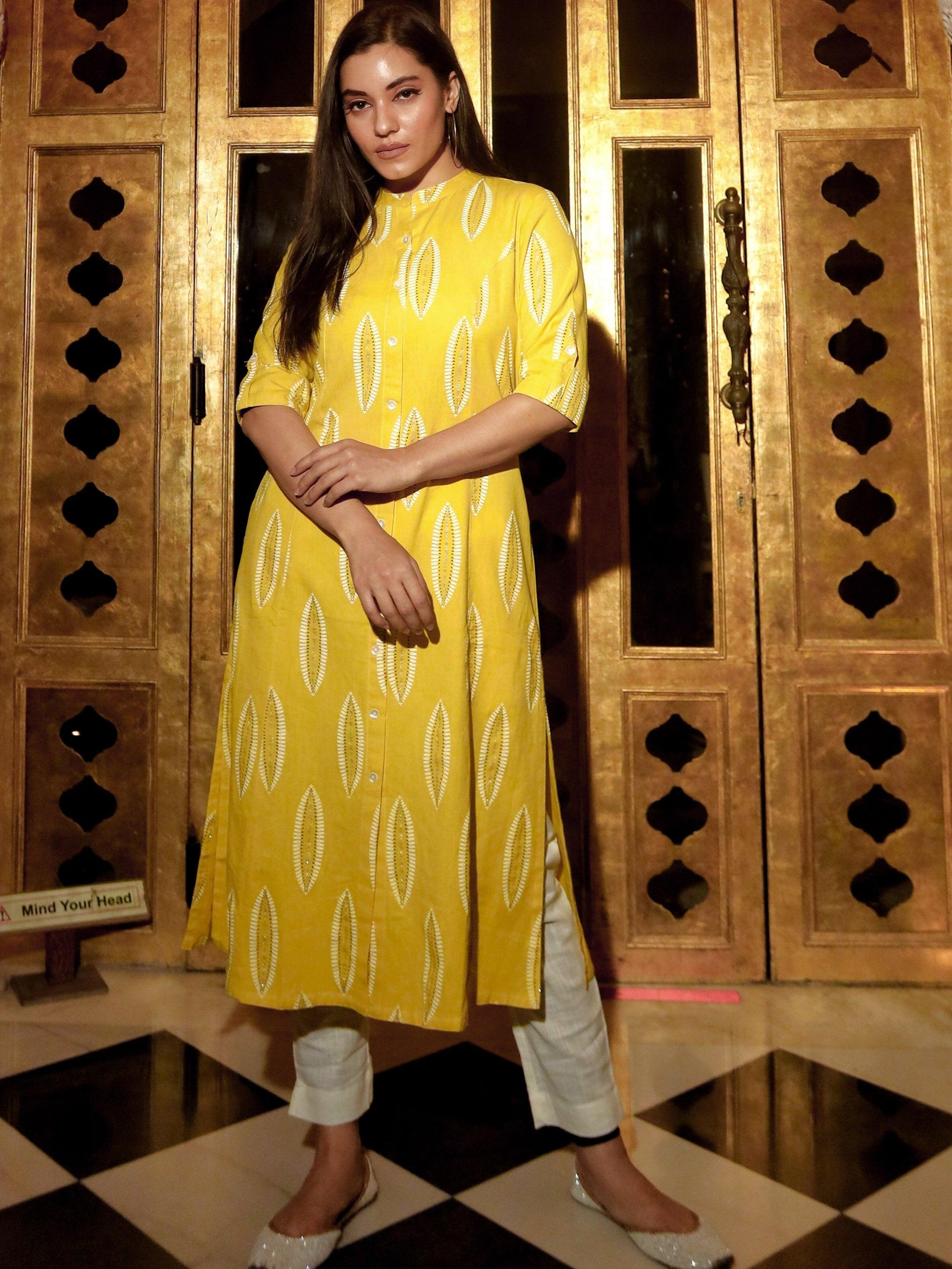 Yellow Cotton A Line Kurti | LASVINI - Redefining Indian Fashion with Elegance