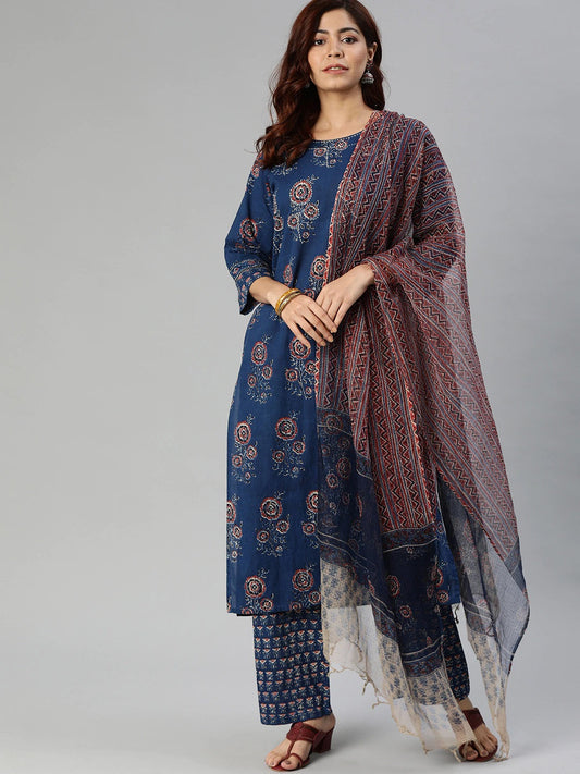 Women'S Navy Blue Printed Cotton Kurta Set With Dupatta Plus Size | LASVINI - Redefining Indian Fashion with Elegance