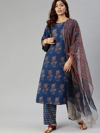 Women'S Navy Blue Printed Cotton Kurta Set With Dupatta | LASVINI - Redefining Indian Fashion with Elegance
