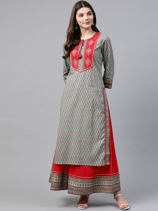 Women'S Red And Teal Green Printed Kurta Set With Palazzo | LASVINI - Redefining Indian Fashion with Elegance