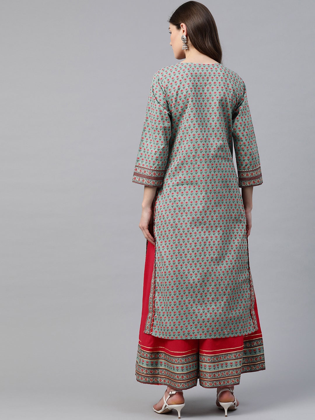 Women'S Red And Teal Green Printed Kurta Set With Palazzo | LASVINI - Redefining Indian Fashion with Elegance