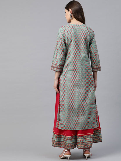 Women'S Red And Teal Green Printed Kurta Set With Palazzo | LASVINI - Redefining Indian Fashion with Elegance