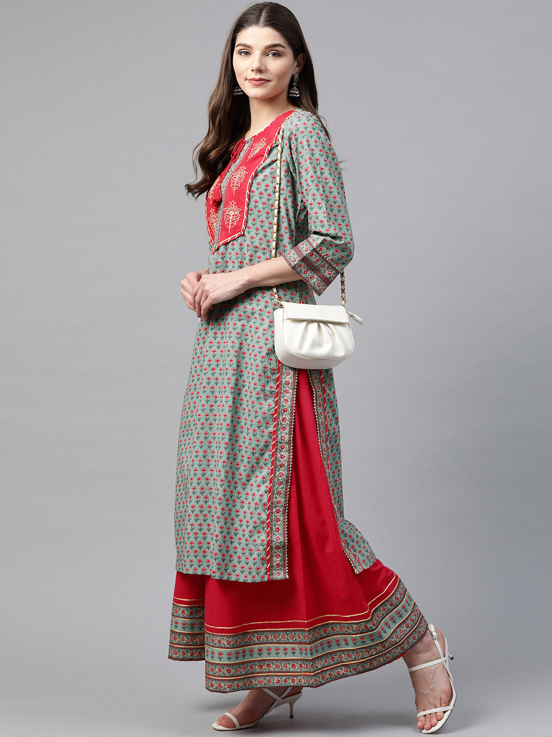 Women'S Red And Teal Green Printed Kurta Set With Palazzo | LASVINI - Redefining Indian Fashion with Elegance
