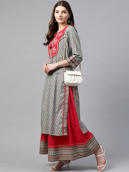 Women'S Red And Teal Green Printed Kurta Set With Palazzo | LASVINI - Redefining Indian Fashion with Elegance