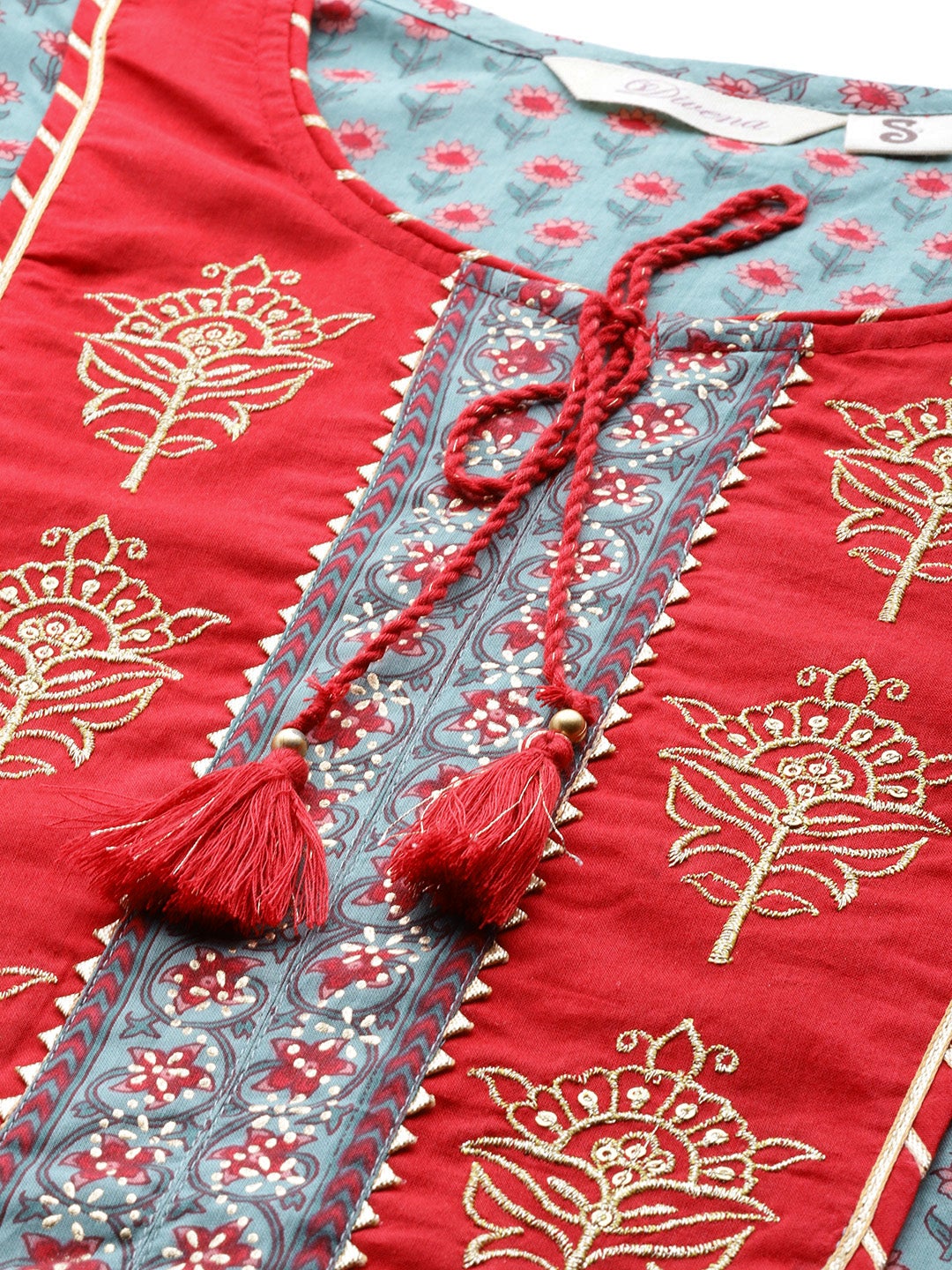 Women'S Red And Teal Green Printed Kurta Set With Palazzo | LASVINI - Redefining Indian Fashion with Elegance