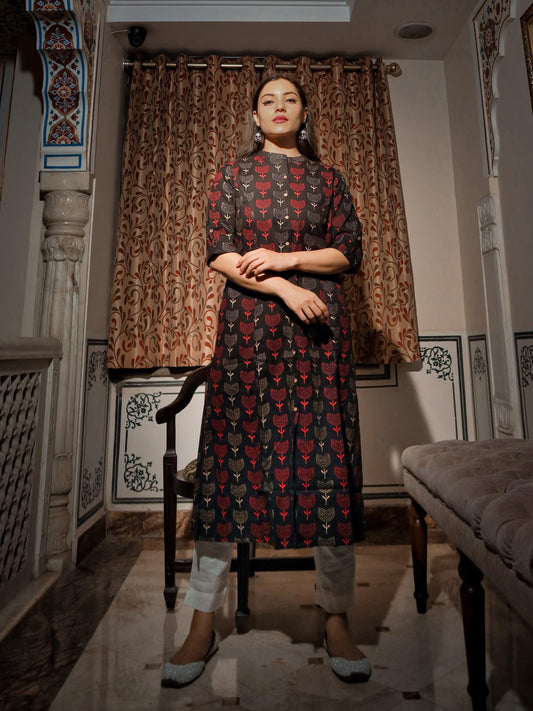 Black Cotton Flex A Line Kurta | LASVINI - Redefining Indian Fashion with Elegance