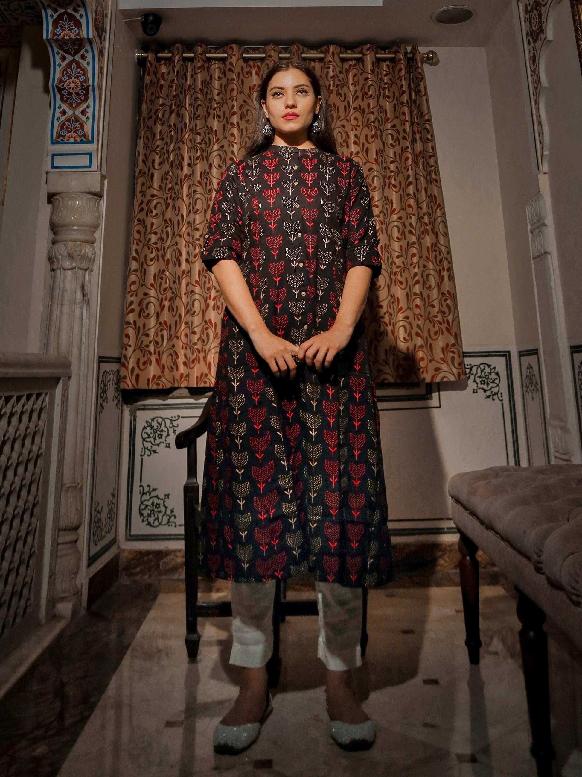 Black Cotton Flex A Line Kurta | LASVINI - Redefining Indian Fashion with Elegance