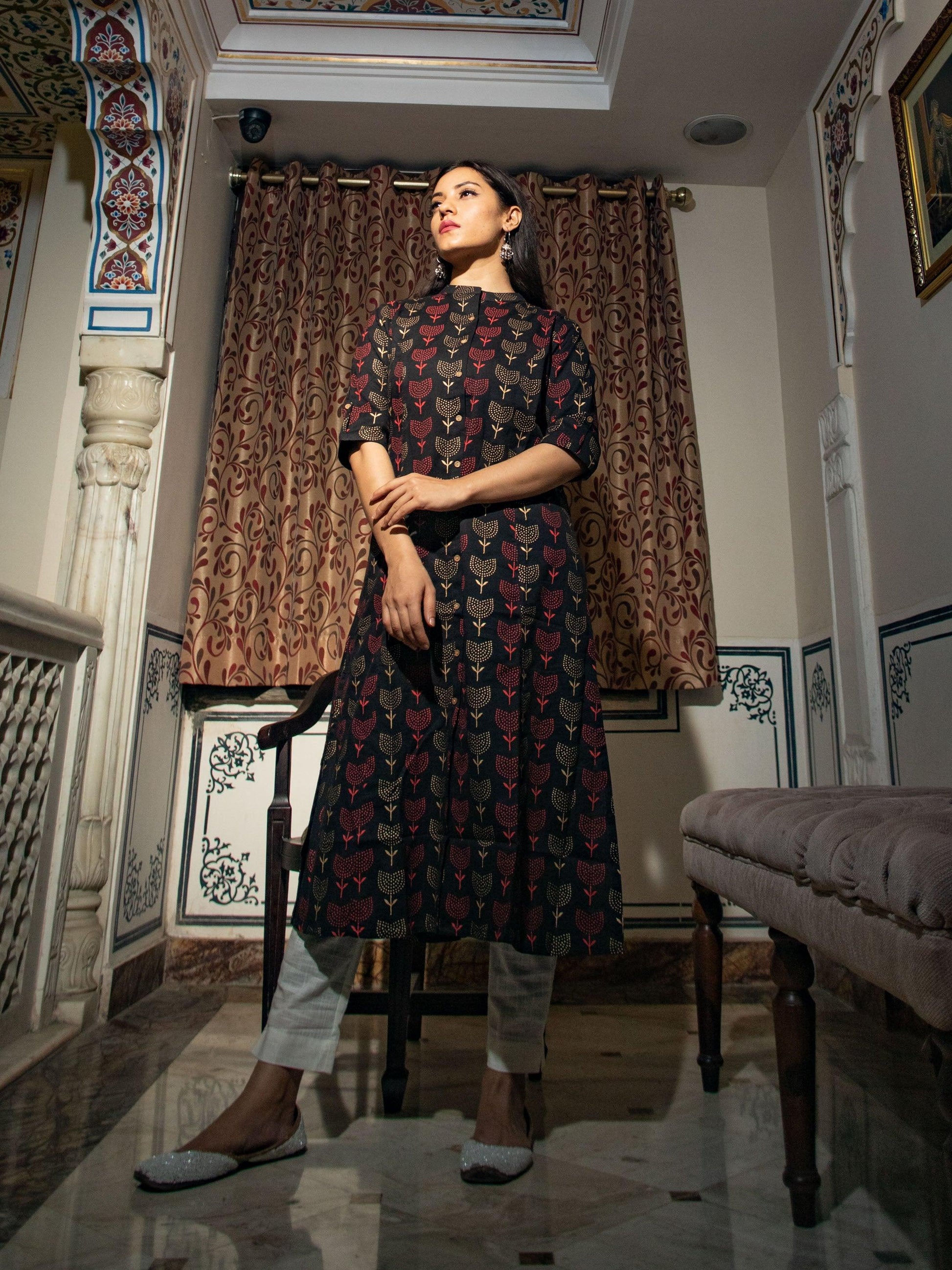 Black Cotton Flex A Line Kurta | LASVINI - Redefining Indian Fashion with Elegance