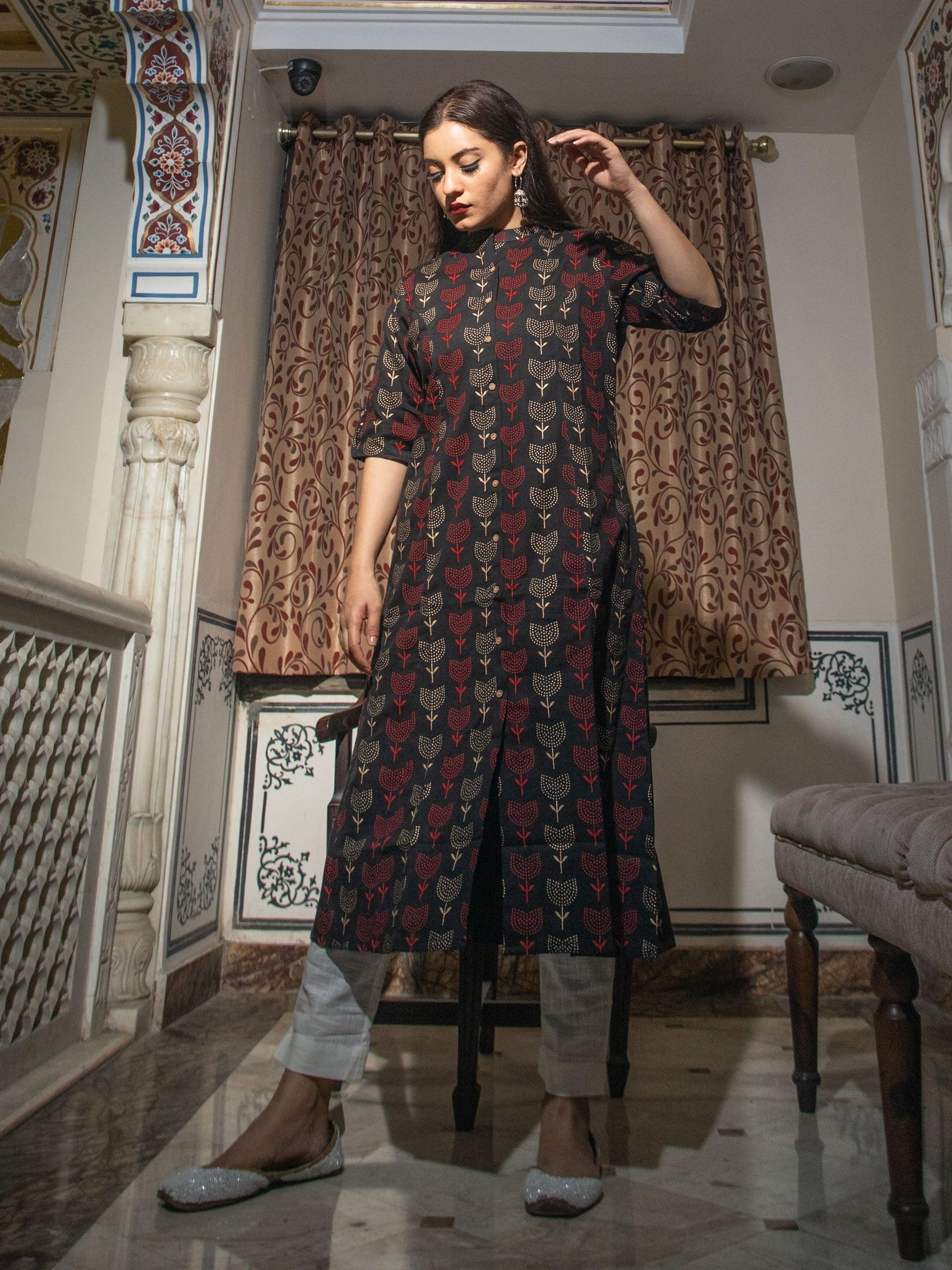 Black Cotton Flex A Line Kurta | LASVINI - Redefining Indian Fashion with Elegance