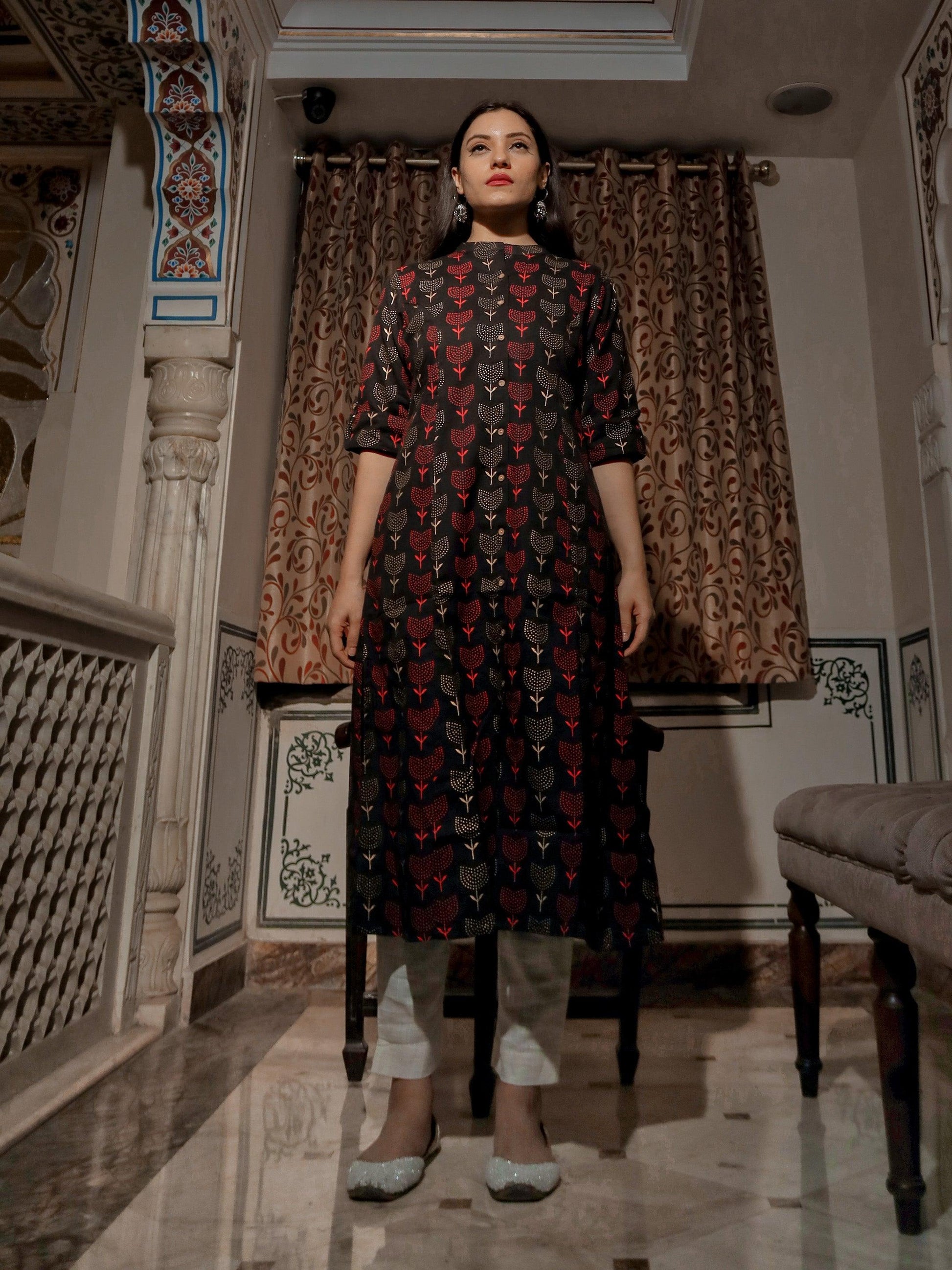 Black Cotton Flex A Line Kurta | LASVINI - Redefining Indian Fashion with Elegance