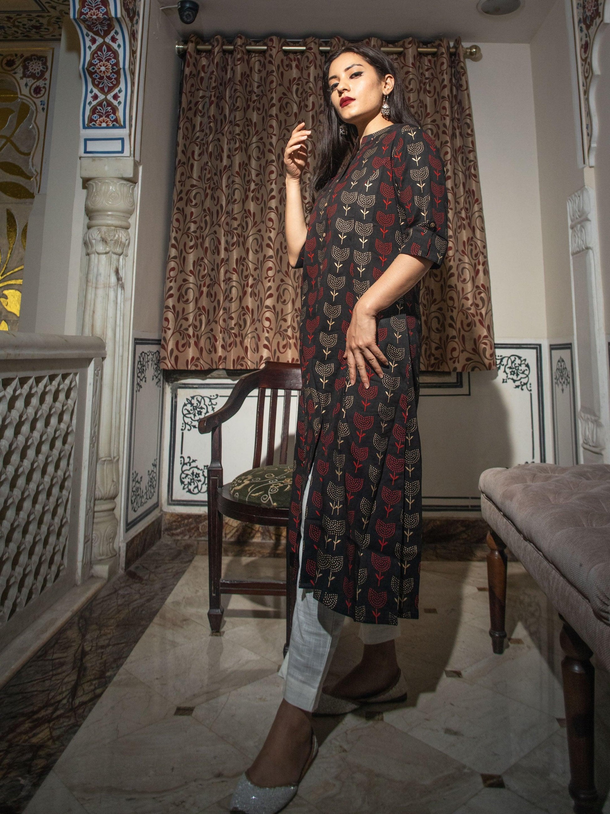 Black Cotton Flex A Line Kurta | LASVINI - Redefining Indian Fashion with Elegance