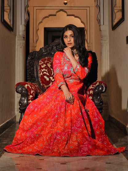 Women Bandhej Printed Anarkali Kurta | LASVINI - Redefining Indian Fashion with Elegance