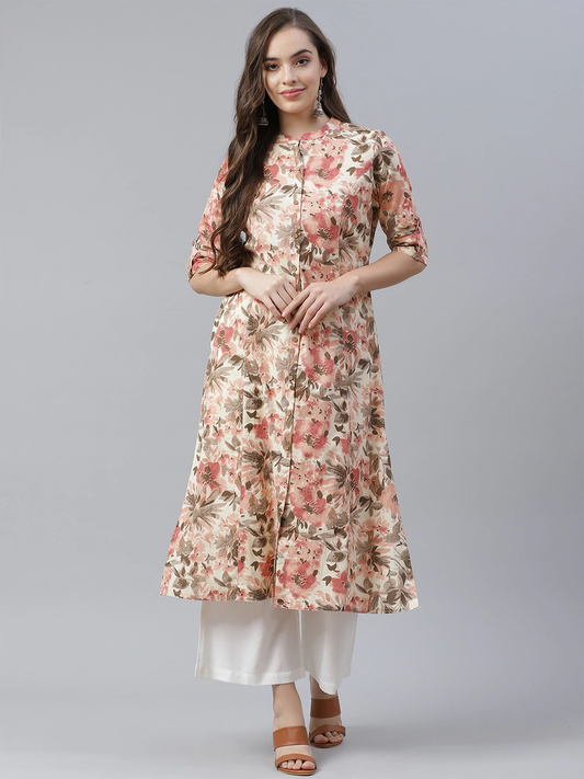 Women'S Cream Cotton Floral Print Kurta | LASVINI - Redefining Indian Fashion with Elegance
