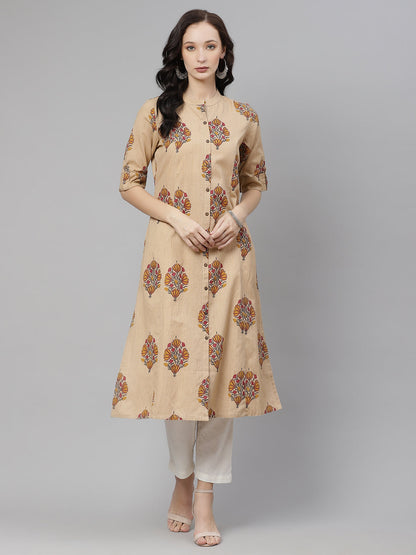 Women'S Beige Color Cotton Printed A-Line Kurta | LASVINI - Redefining Indian Fashion with Elegance