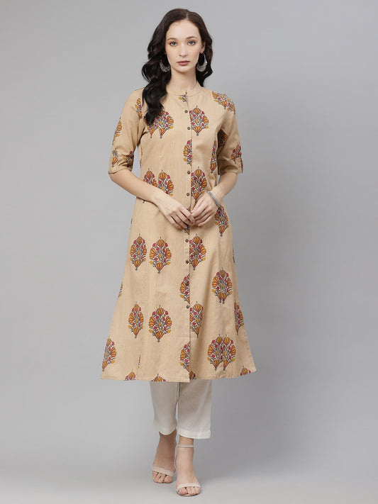 Women'S Beige Color Cotton Printed A-Line Kurta | LASVINI - Redefining Indian Fashion with Elegance