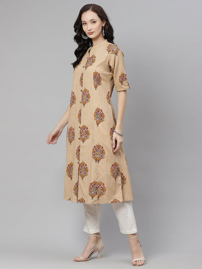 Women'S Beige Color Cotton Printed A-Line Kurta | LASVINI - Redefining Indian Fashion with Elegance