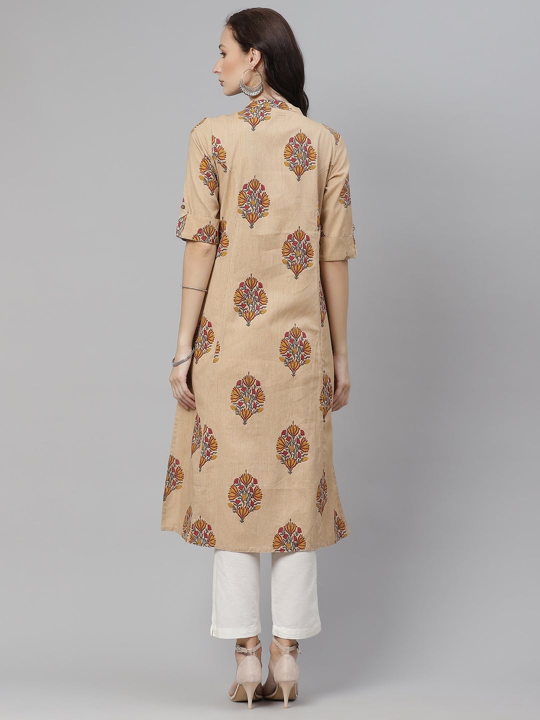 Women'S Beige Color Cotton Printed A-Line Kurta | LASVINI - Redefining Indian Fashion with Elegance
