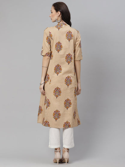 Women'S Beige Color Cotton Printed A-Line Kurta | LASVINI - Redefining Indian Fashion with Elegance