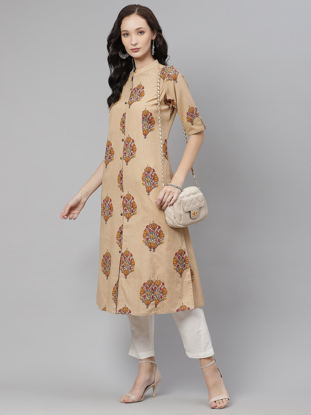 Women'S Beige Color Cotton Printed A-Line Kurta | LASVINI - Redefining Indian Fashion with Elegance