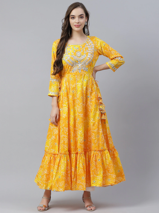Women'S Yellow Cotton Flared Gota Work Bandhani Kurta | LASVINI - Redefining Indian Fashion with Elegance