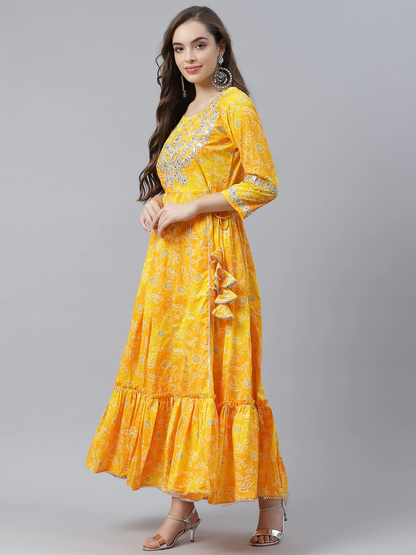 Women'S Yellow Cotton Flared Gota Work Bandhani Kurta | LASVINI - Redefining Indian Fashion with Elegance
