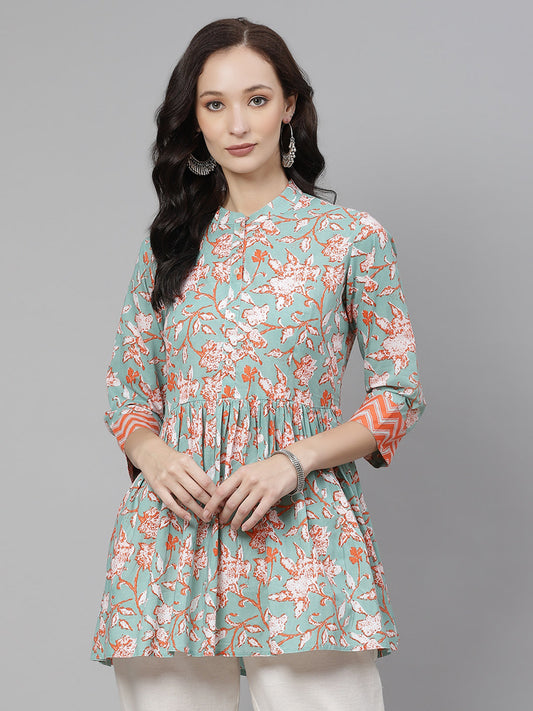 Women'S Green Floral Print Flared Short Top | LASVINI - Redefining Indian Fashion with Elegance
