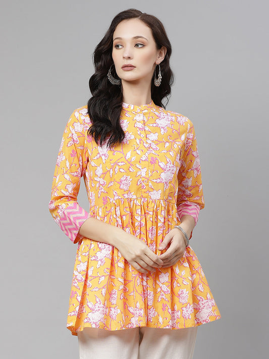 Women'S Mustard Floral Print Flared Short Top | LASVINI - Redefining Indian Fashion with Elegance