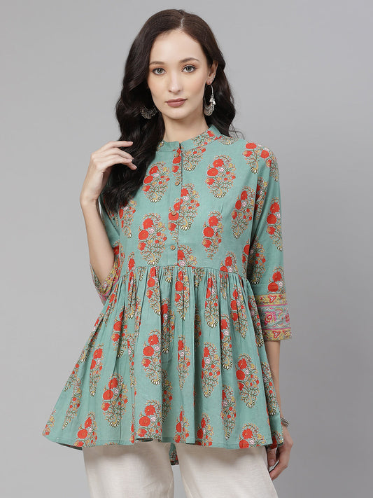 Women'S See Green Red Floral Short Top | LASVINI - Redefining Indian Fashion with Elegance