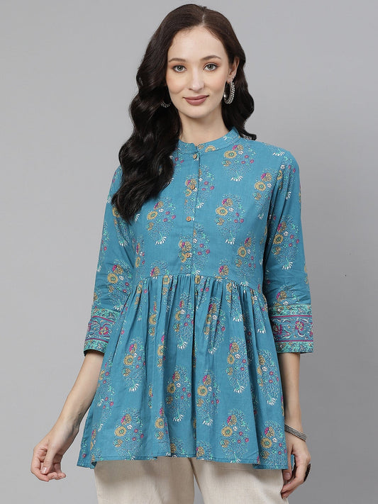 Women'S Teal Floral Print Top | LASVINI - Redefining Indian Fashion with Elegance