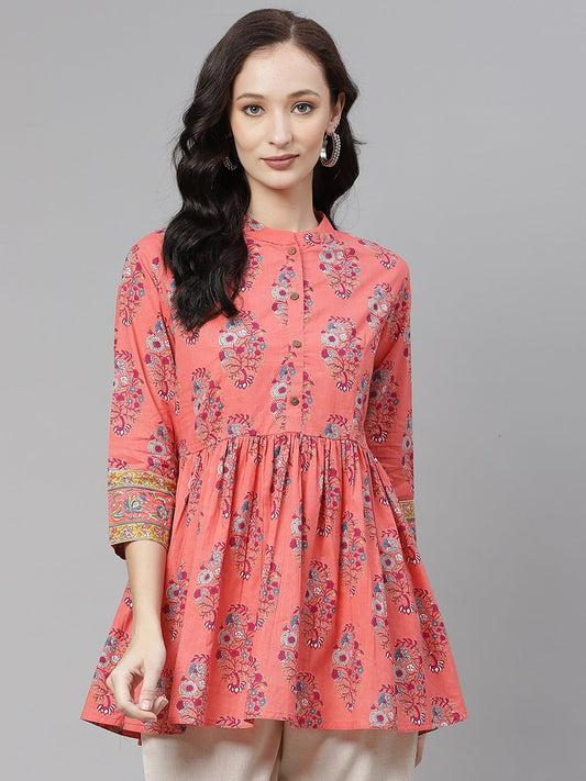 Women'S Peach Floral Print Short Top | LASVINI - Redefining Indian Fashion with Elegance