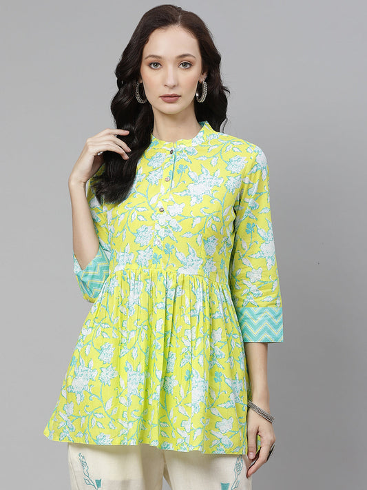 Women'S Lemon Yellow Printed Short Top | LASVINI - Redefining Indian Fashion with Elegance