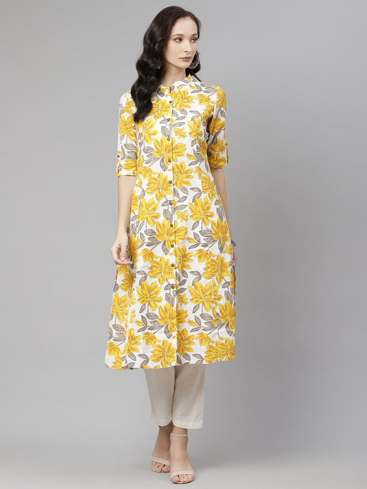Women'S Yellow Floral Print Pure Cotton A-Line Kurta | LASVINI - Redefining Indian Fashion with Elegance