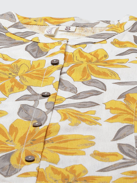 Women'S Yellow Floral Print Pure Cotton A-Line Kurta | LASVINI - Redefining Indian Fashion with Elegance