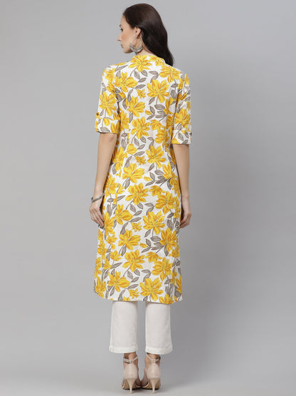 Women'S Yellow Floral Print Pure Cotton A-Line Kurta | LASVINI - Redefining Indian Fashion with Elegance