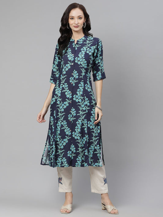 Women'S Leaf Printed A-Line Rayon Kurta | LASVINI - Redefining Indian Fashion with Elegance
