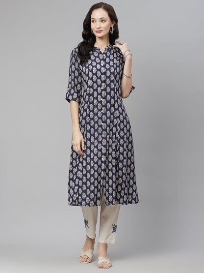 Women'S Indigo Blue Buti Print A-Line Rayon Kurta | LASVINI - Redefining Indian Fashion with Elegance
