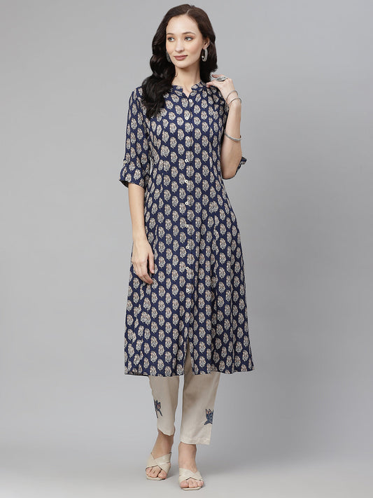 Women'S Indigo Blue Buti Print A-Line Rayon Kurta | LASVINI - Redefining Indian Fashion with Elegance