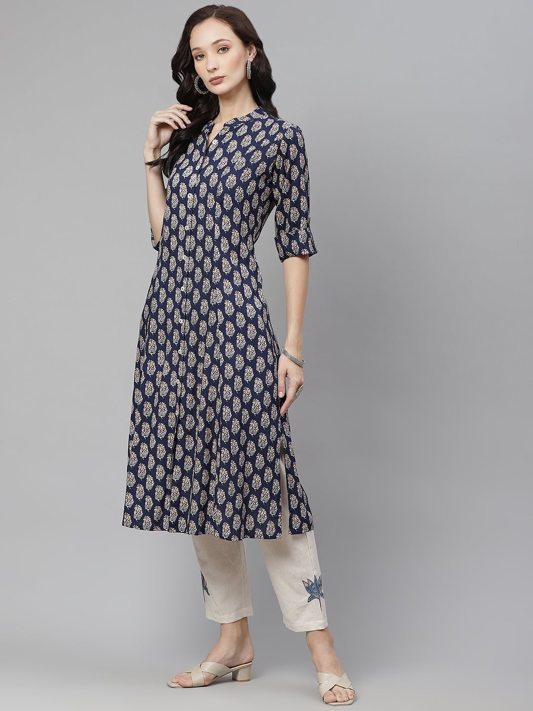 Women'S Indigo Blue Buti Print A-Line Rayon Kurta | LASVINI - Redefining Indian Fashion with Elegance