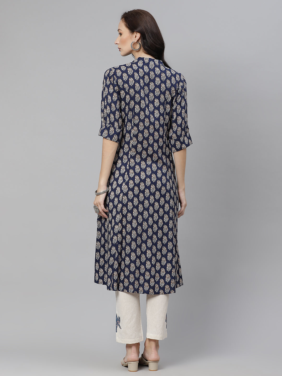 Women'S Indigo Blue Buti Print A-Line Rayon Kurta | LASVINI - Redefining Indian Fashion with Elegance